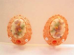 Pale Orange Enamel and Floral Cabochon West Germany Earrings