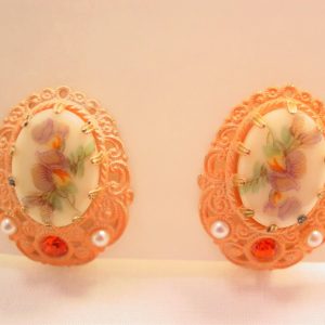 Pale Orange Enamel and Floral Cabochon West Germany Earrings