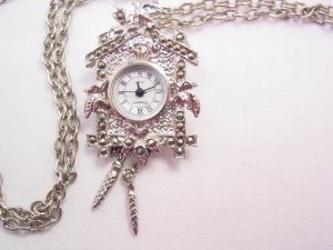 Silvertone and Marcasite Cuckoo Clock Necklace