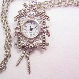 Silvertone and Marcasite Cuckoo Clock Necklace