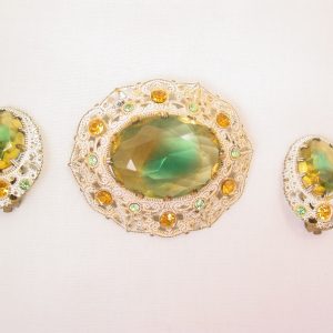 Green and Topaz-Colored Rhinestone in White Frame West German Set