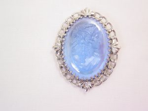 Blue Glass and Silvertone Cameo Pin