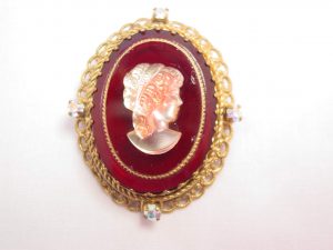 Dark Red and Cream-Colored Glass Cameo Pin from West Germany