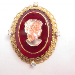 Dark Red and Cream-Colored Glass Cameo Pin from West Germany