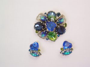 Asymmetrical Blues and Greens Pin and Earrings Set
