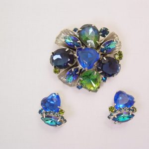 Asymmetrical Blues and Greens Pin and Earrings Set