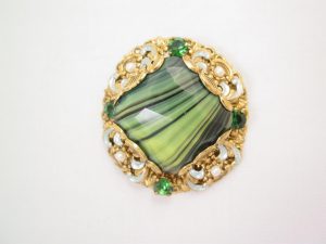 Opaque Green Striated Rhinestone Germany Pin