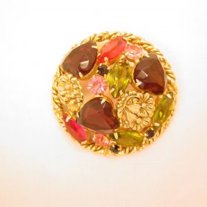 Olive, Purple and Pink Rhinestone and Daisies Round Pin