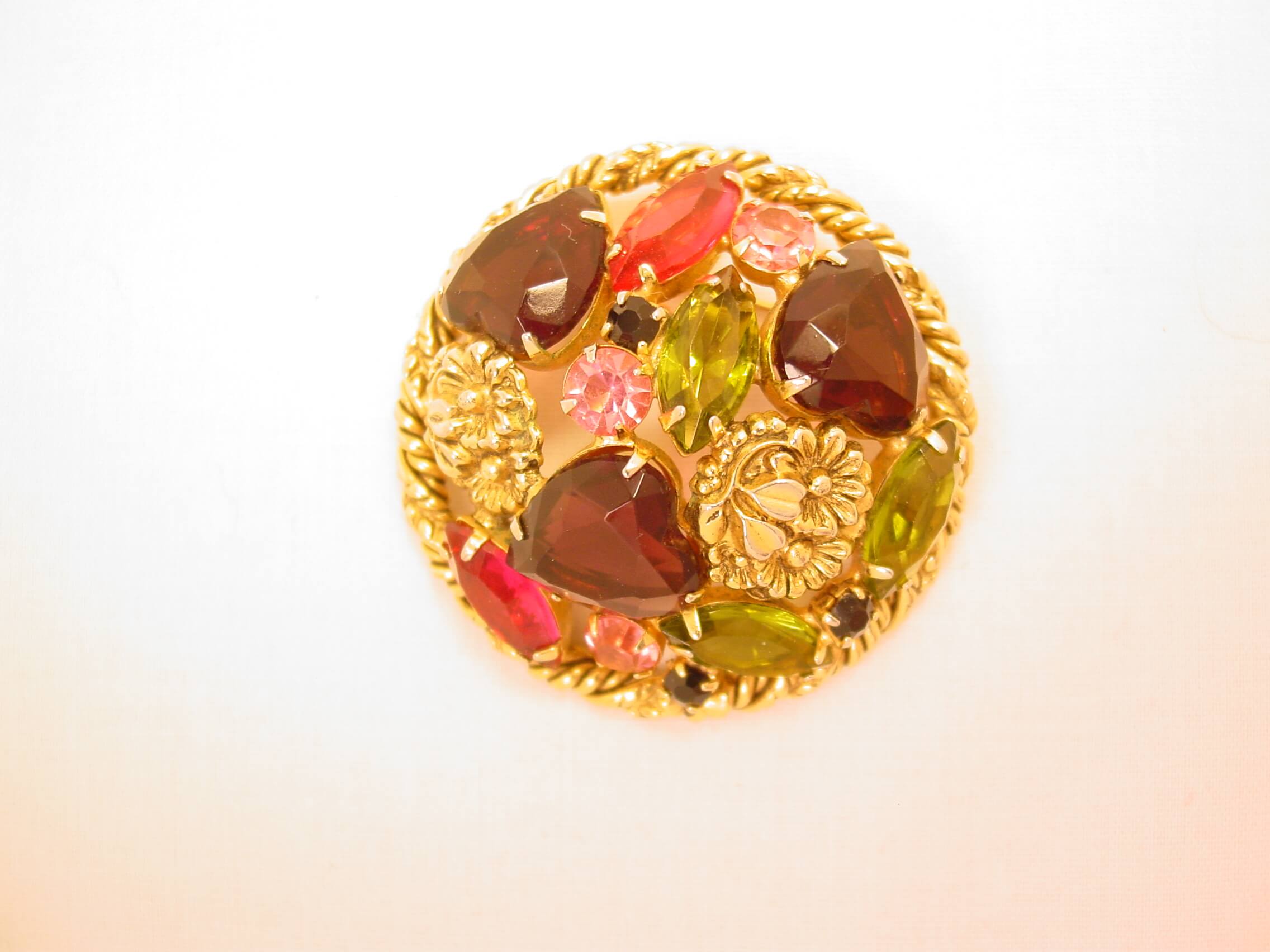 Olive, Purple and Pink Rhinestone and Daisies Round Pin