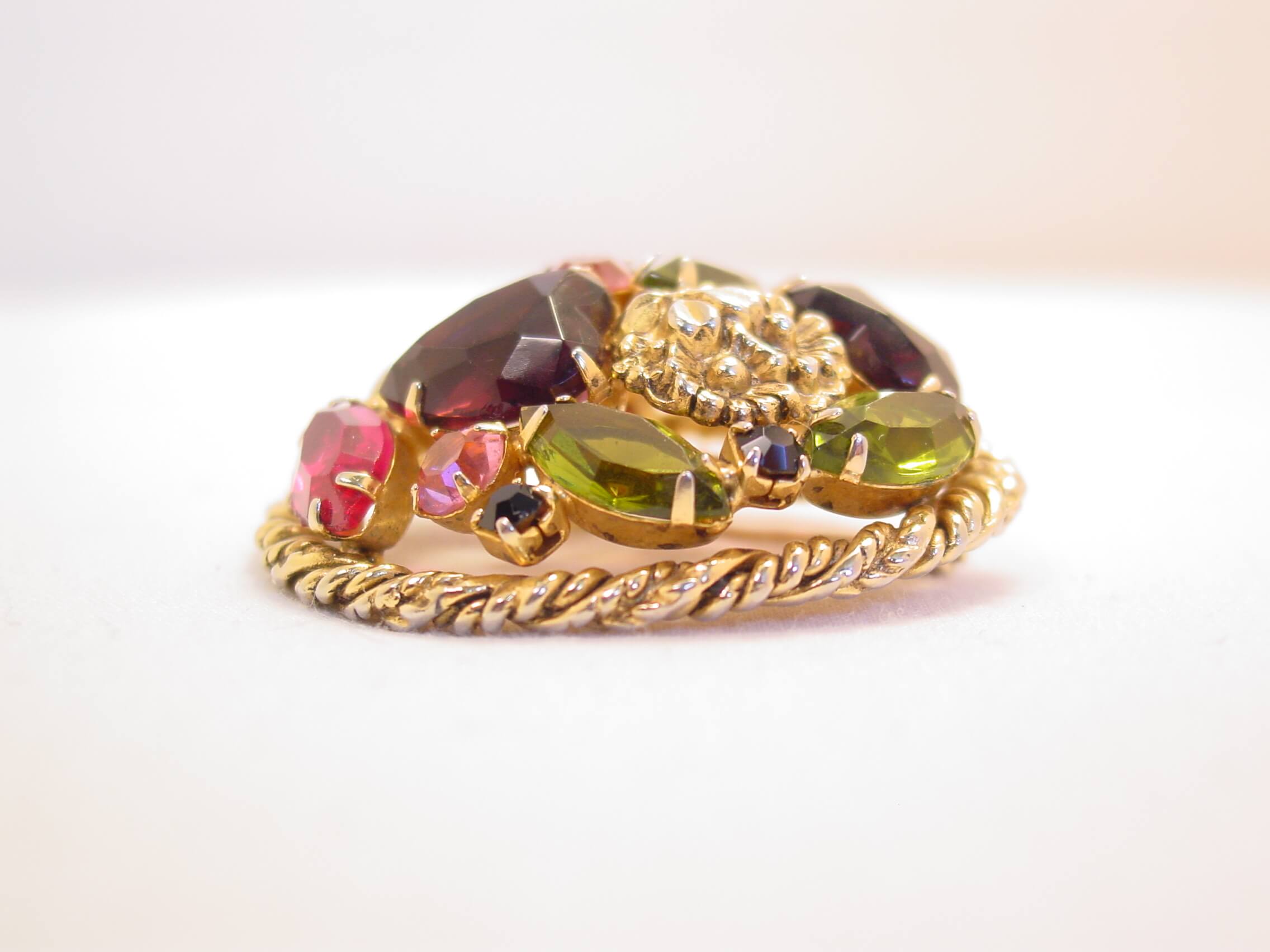 Olive, Purple and Pink Rhinestone and Daisies Round Pin - Image 3