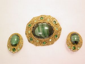 Marbleized Dark Green Germany Pin and Earrings Set