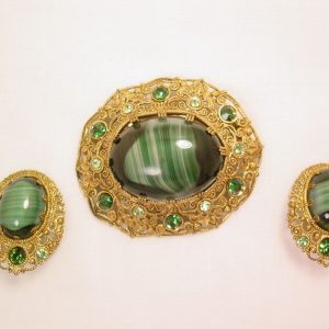 Marbleized Dark Green Germany Pin and Earrings Set