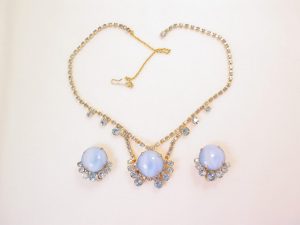 Baby Blue Rhinestone Large Round Necklace and Earrings Set