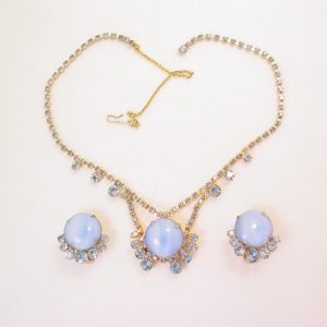 Baby Blue Rhinestone Large Round Necklace and Earrings Set