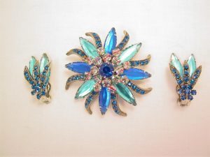 Blue, Aqua and Rainbow Swirl Pin and Earrings Set