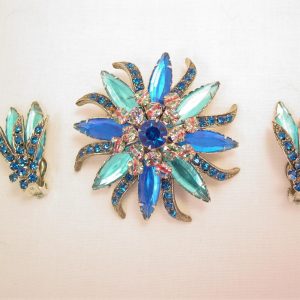 Blue, Aqua and Rainbow Swirl Pin and Earrings Set