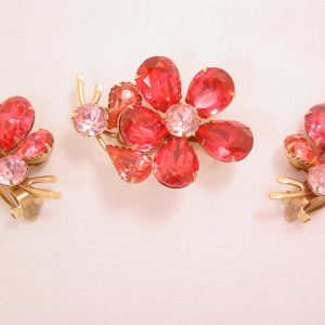 Rose-Colored Rhinestone Flower Pin and Earrings Set