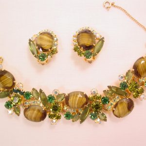 Chunky Striated Brown and Dark Green Rhinestone D&E (Juliana) Bracelet and Earrings