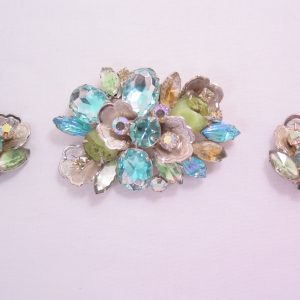 Aqua and Green Shell-Shaped Flowered Rhinestone Pin and Earrings Set