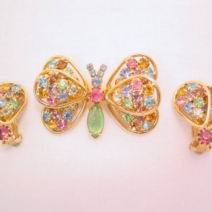 Judy Lee Multi-Color Pastel Rhinestone Butterfly Pin & Earrings Set