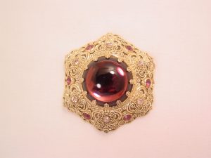 West German Aluminum Filigree and Purple Rhinestone Pin