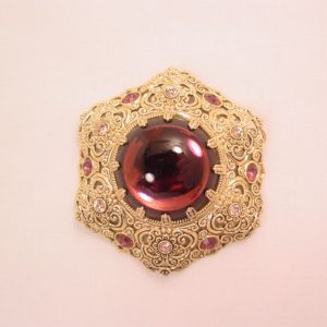 West German Aluminum Filigree and Purple Rhinestone Pin