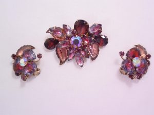 Purple and Violet Striated Rhinestone Stylized Flower Pin and Earrings Set