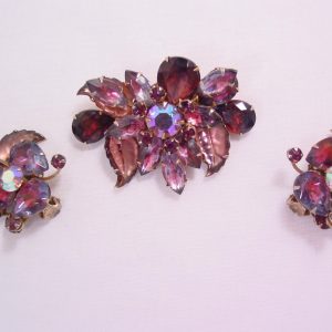 Purple and Violet Striated Rhinestone Stylized Flower Pin and Earrings Set