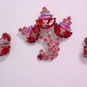 Pink and Red Stylized Bouquet Pin and Earrings Set