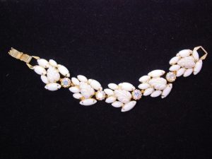 Milk Glass and Leaf-Shaped (Fruit Salad) Rhinestone Bracelet