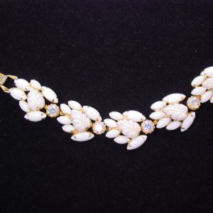 Milk Glass and Leaf-Shaped (Fruit Salad) Rhinestone Bracelet