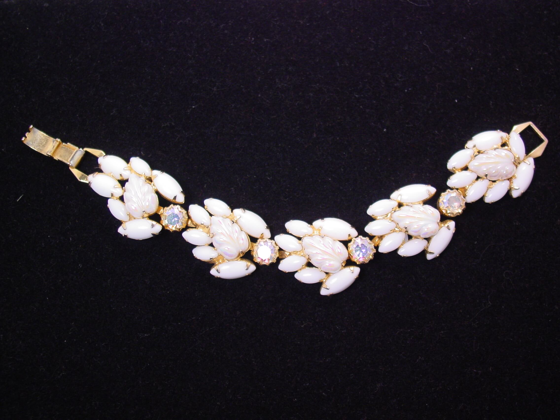 Milk Glass and Leaf-Shaped (Fruit Salad) Rhinestone Bracelet