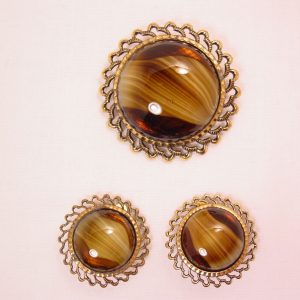 Wesern Germany Caramel-Colored Striated Cabochon Pin and Earrings Set