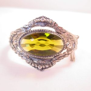 Whiting and Davis Olive Oval Rhinestone and Silvertone Hinged Bracelet