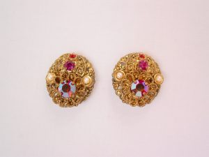 Magenta and Imitation Pearl West Germany Earrings