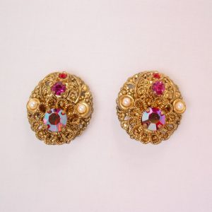 Magenta and Imitation Pearl West Germany Earrings