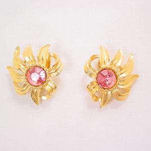Trifari Pink Rhinestone Flower Earrings