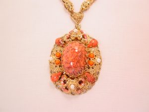 West Germany Coral Glass and Filigree Necklace