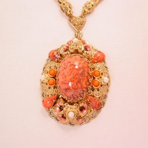 West Germany Coral Glass and Filigree Necklace