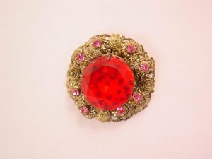 Small Round West Germany Red and Pink Rhinestone Pin