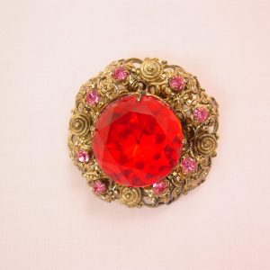 Small Round West Germany Red and Pink Rhinestone Pin