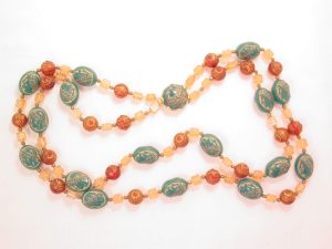 Unusual West Germany Green Intaglio Faces Double-Strand Necklace
