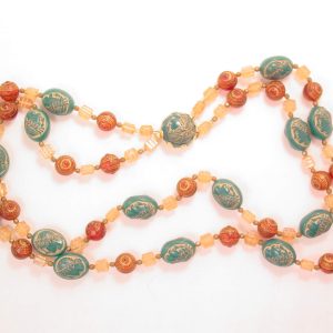 Unusual West Germany Green Intaglio Faces Double-Strand Necklace