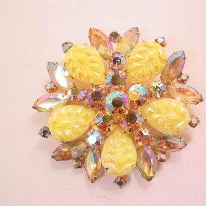 Yellow Art Glass and Beige Aurora Borealis Pin