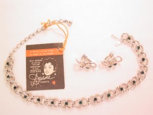 1950s Duane Jewels Rita Moreno Emerald Green Necklace and Earrings Set in Original Box