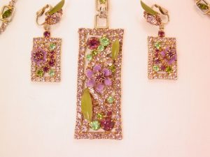 Large Lavender and Purple Enamel Flower Rhinestone Necklace and Earrings Set