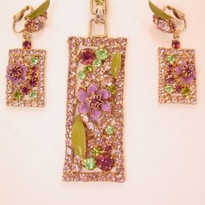 Large Lavender and Purple Enamel Flower Rhinestone Necklace and Earrings Set