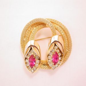 Kramer Round Goldtone Chain with 2 Magenta Marquis Rhinestones Pin