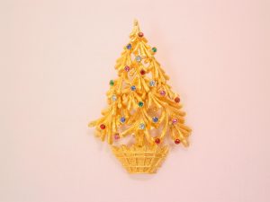 Brushed Goldtone and Rhinestone Mylu Christmas Tree Pin