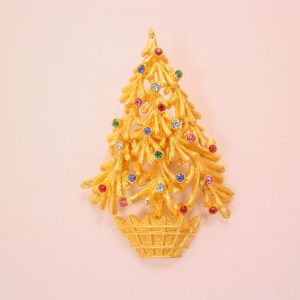 Brushed Goldtone and Rhinestone Mylu Christmas Tree Pin
